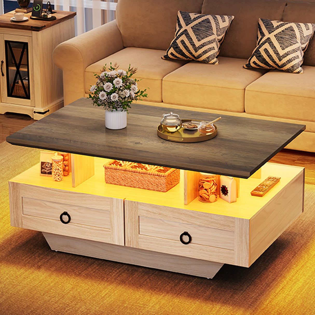YITAHOME Farmhouse LED Coffee Table with Storage 4 Drawers, Wood Coffee Tables for Living Room, 2 Tiers Open Display Area with Metal Chic Handles, Industrial Cocktail Center Table, Brown and Oak YITAHOME