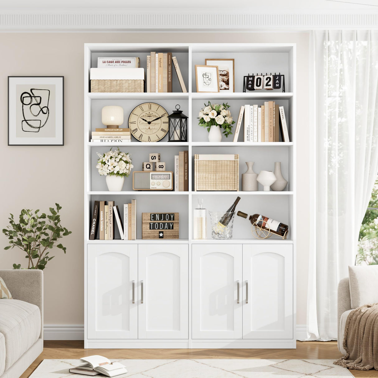 FACBOTALL Bookshelf and Bookcase with Doors, 6 Tier Double Wide Large Bookshelves, Open Display Shelves, 73'' Tall Bookshelf with Storage Cabinets for Home Office, Living Room, Library, White FACBOTALL