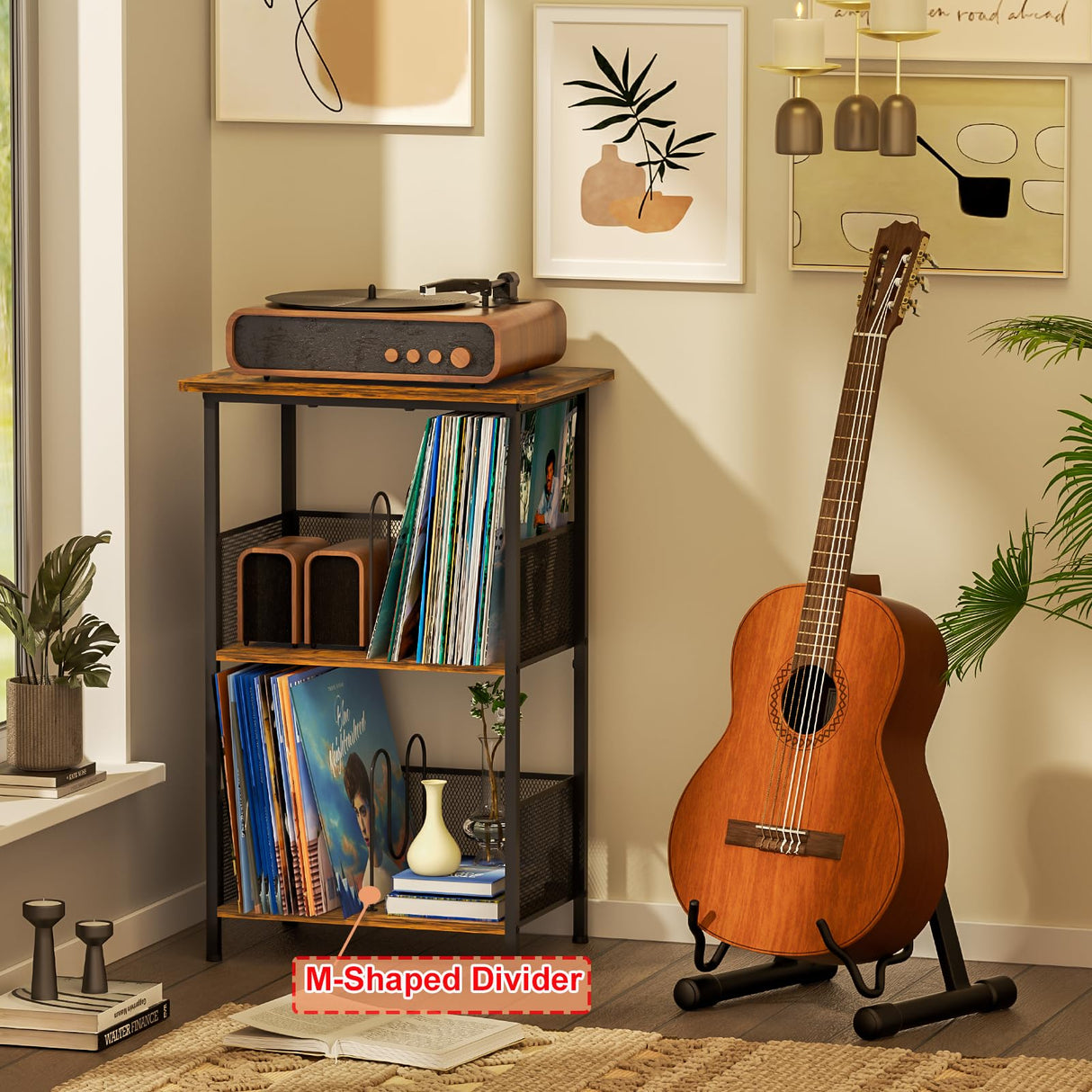 Record Player Stand Up to 200 Albums, Vinyl Storage Table with Extended Wooden Desktop, Record Player Holder for Albums, Vinyl Stand End Table Storage Rack for Bedroom & Living Room Honkazita