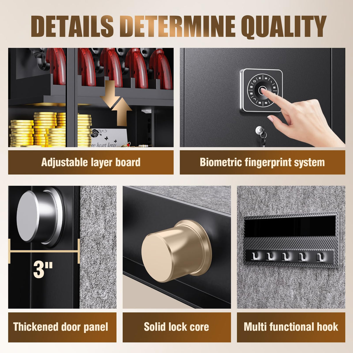 2.3 Cu Ft Safe Box Quick-access Gun Safe with Adjustable Shelf Safes for Home Documents Biometric Fingerprint Safe Box Waterproof With Alarm Lock box for Office Hotel Home ZIWJHK