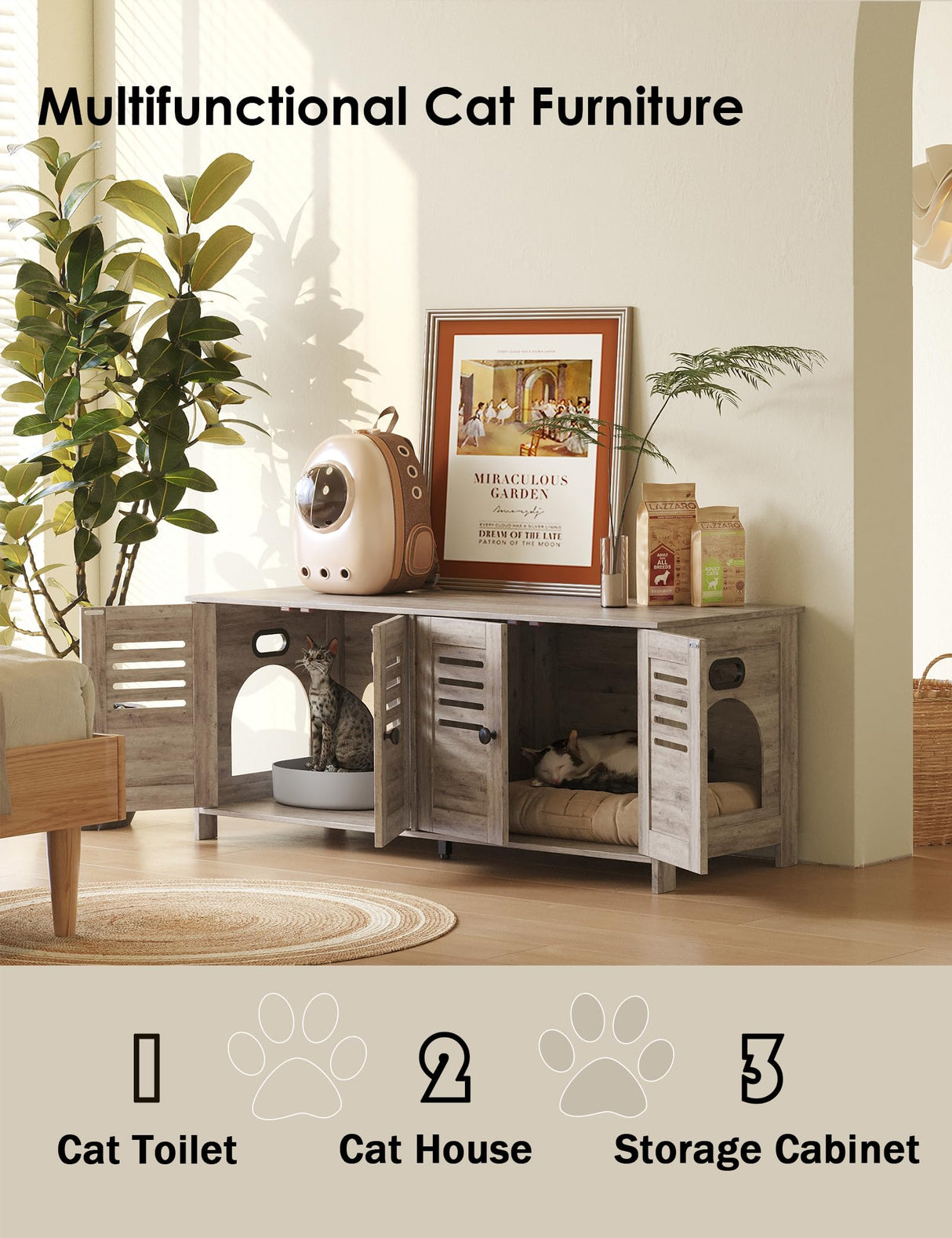 DINZI LVJ Litter Box Enclosure for 2 Cats, Hidden Litter Box Furniture with Double Rooms, Dual Cat Litter House, Front Doors, 47.2" Wooden Hidden Cat Washroom, Side End Table, TV Stand, Greige DINZI LVJ