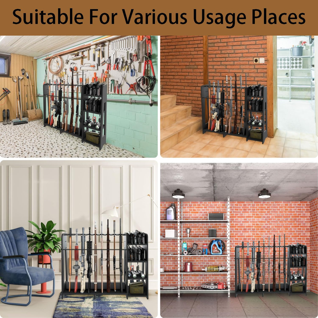 Prometis Gun Storage Racks - Freestanding Floor Wooden Rifle Rack with Pistol Shelves, 9+8 Slots Adjustable Height Storage Solutions and Gun Room Display Stand, Holds up to 9 Long Guns and 8 Handguns Prometis