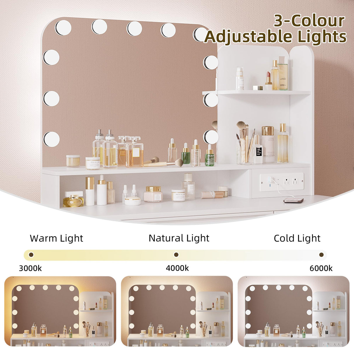 Ylued Vanity Desk with Mirror and Lights Power Outlet, 39 inch Makeup Vanity with Charging Station, Mid-Century Modern Dressing Table with 2 Drawers for Bedroom, White Ylued