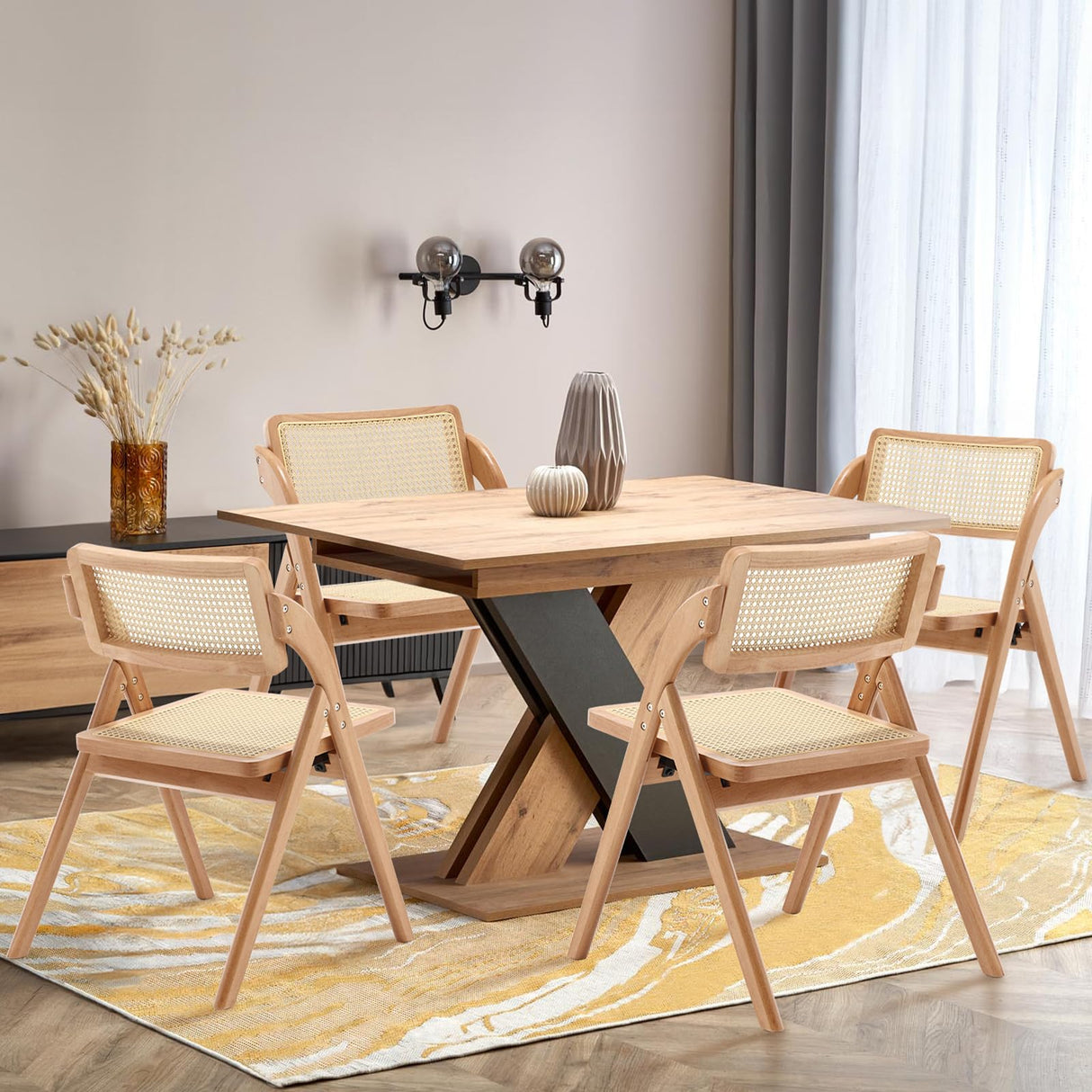 Bekrvio Folding Chair Solid Wood Rattan Chairs, Mid-Century Modern Rattan Dining Chairs with Cane Back Handmade for Living Room Bedroom, Garden Balcony, Office, No Assembly Required (Natural) Bekrvio