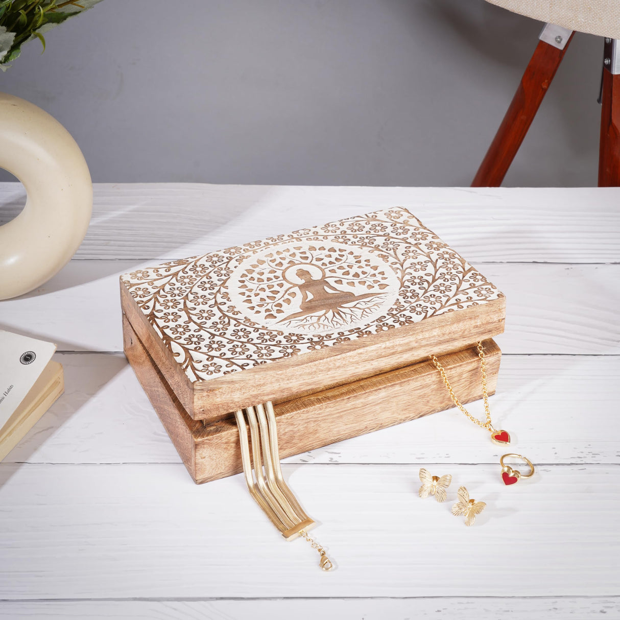 Ajuny Wooden Handcrafted Decorative Jewelry Storage Box Buddha Tree Design White Multipurpose Treasure Chest Organizer Travel Keepsake Trinket Holder Watch Box Gifts 8x5 Inch Ajuny