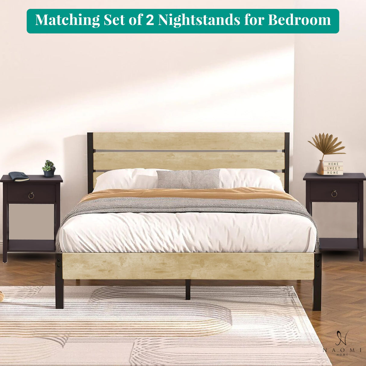 Naomi Home Eily Small Night Stand, Bedside Table with Drawers and Shelf, Sleek Bedroom Nightstand with X-Design for Small Spaces, Offices, Living Rooms - Espresso Naomi Home