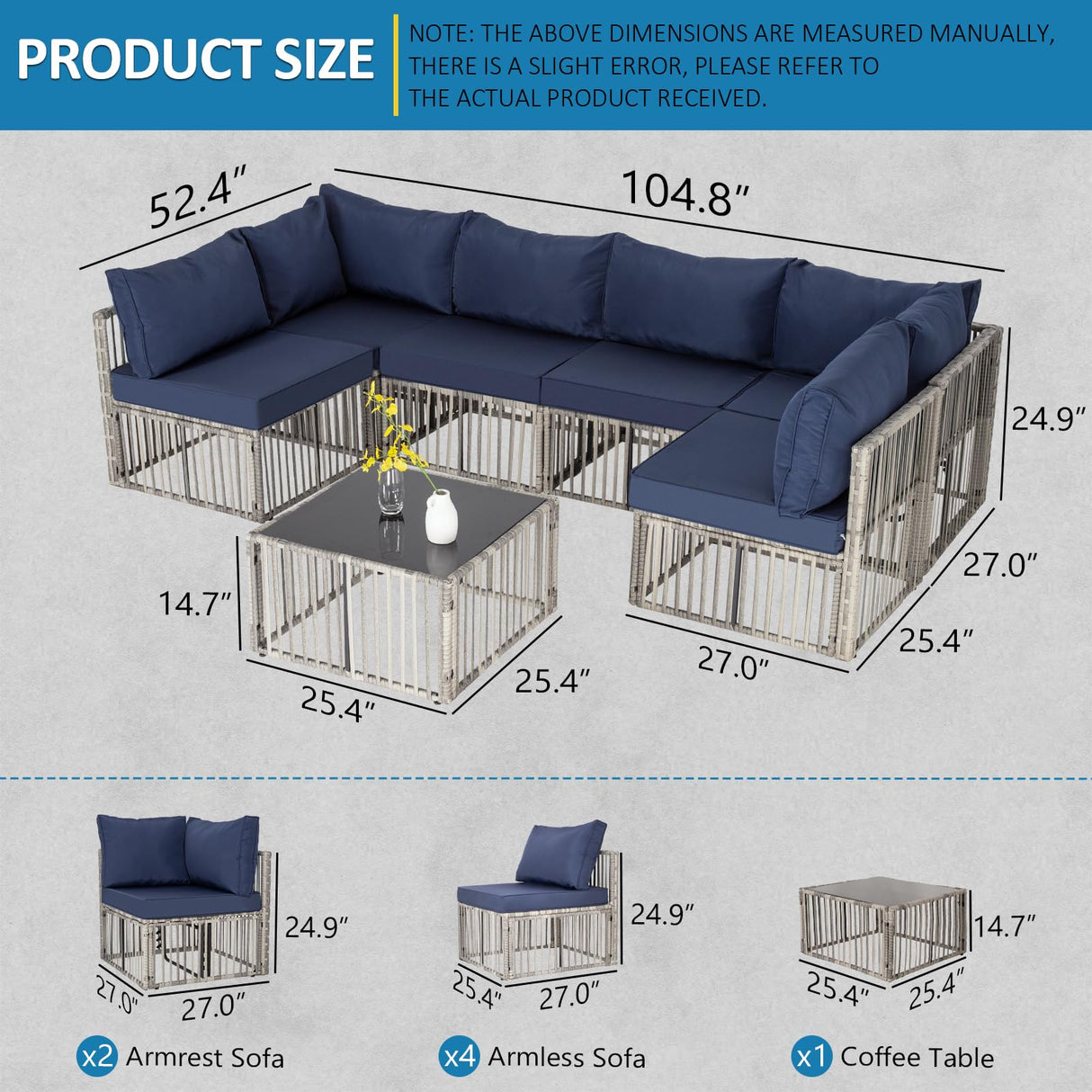 FHFO 7 Pieces Outdoor Patio Furniture Set, Wicker Outdoor Sectional Conversation Couch Set with Adjustable Backrest Sofa, Thick Cushion & Coffee Table for Garden, Porch, Poolside, Grey/Blue FHFO