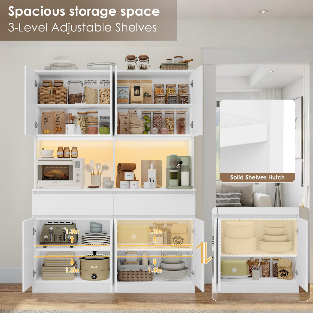 Large Hutch 75"H x 55"W Tall Kitchen Pantry with Doors and Drawers, LED Light Countertop Coffee Bar Buffet Adjustable Shelves in Storage Cabinet, Modern Freestanding Food Pantry Cupboard, White Keyluv