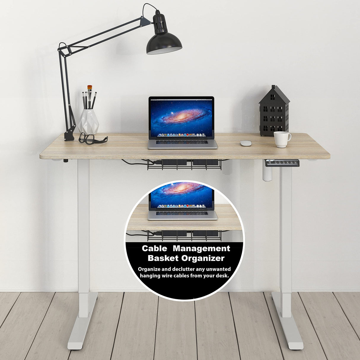 SHW Electric Height Adjustable Sit Stand Desk with Hanging Hooks and Cable Management, 48 x 24 Inches, White Frame and Maple Top SHW