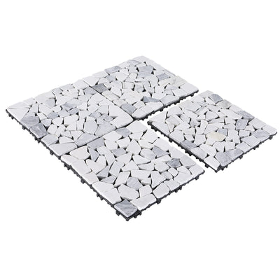 PURE ERA Natural Real Stone Interlocking Floor Deck Tiles Indoor Outdoor Use 12"x12" (4Pcs, 4 sq. Ft, Sliced Grey and White)- Great Upgrade to Patio Backyard Pathway