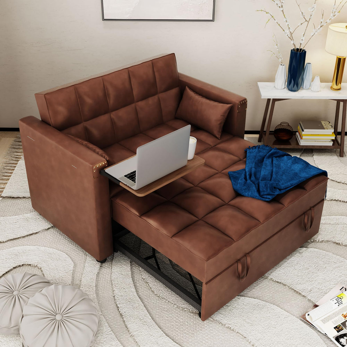 ORRD Convertible Sofa Bed, 3-in-1 Multi-Functional Faux Leather Sleeper Couch Pull-Out Bed, 48'' Loveseat Bed Chaise Lounge with Adjustable Backrest and Hidden Side Table for Living Room, Small Space ORRD