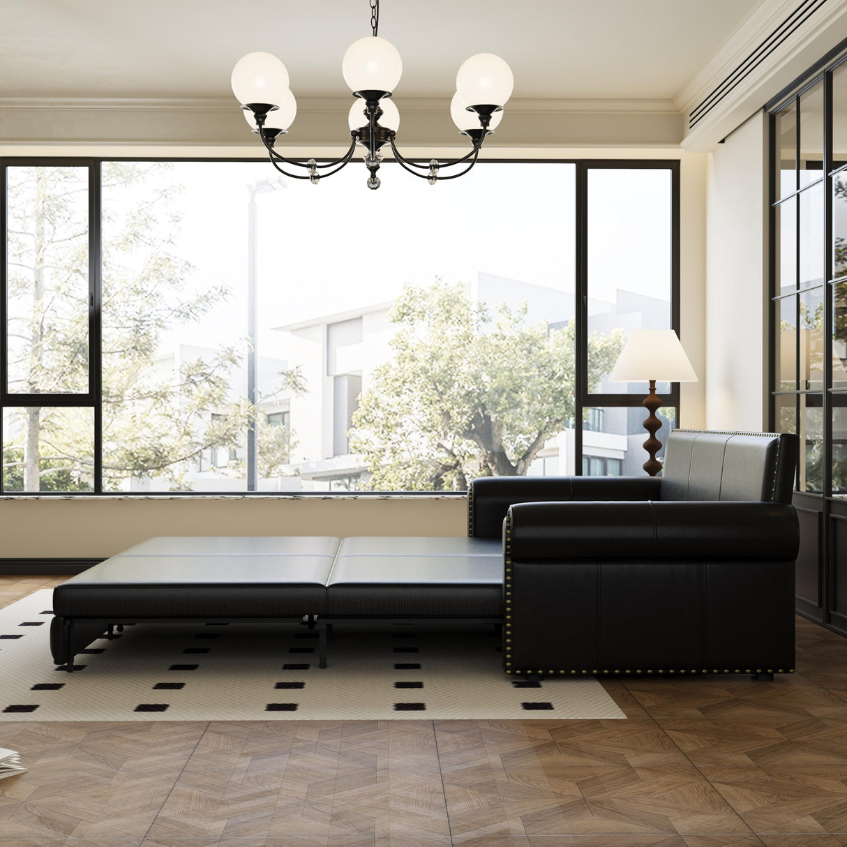 Ball & Cast 3-in-1 Convertible Sleeper Sofa Bed,93.7" King Pull Out Couch Bed with Nailhead Trim & Rolled Arm,Faux Leather Loveseat Sofa Couches for Living Room,Black Ball & Cast