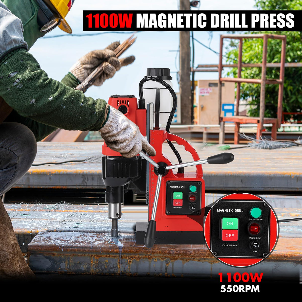 GARVEE Magnetic Drill Press, 1100W 550RPM Portable Mag Drill Press, Magnetic Core Drilling Machine for Metal Working,14Pcs Annular Cutters Drill Bits,Red GARVEE