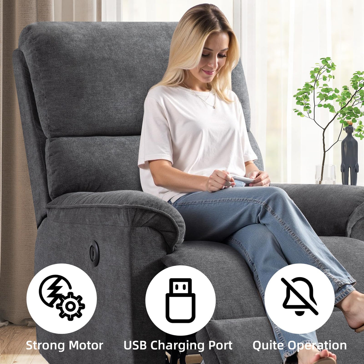 HAOMARKETS Power Recliner Chair for Adults with USB Port, Breathable Fabric Electric Recliners with High Back, Single Overstuffed Heavy Duty Reclining Sofa for Small Spaces Living Room Bedroom HAOMARKETS