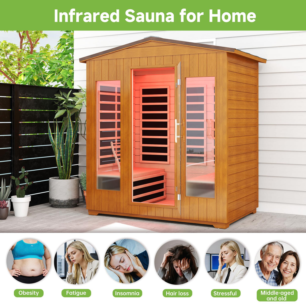 Springspa Outdoor Sauna 4 Person, Infrared Sauna for Home, Wooden Outdoor Saunas Room, 3400 Low EMF Far Infrared with Bluetooth, LCD Panel, 7 Color Chromotherapy Lamp, Reading Lamp springspa