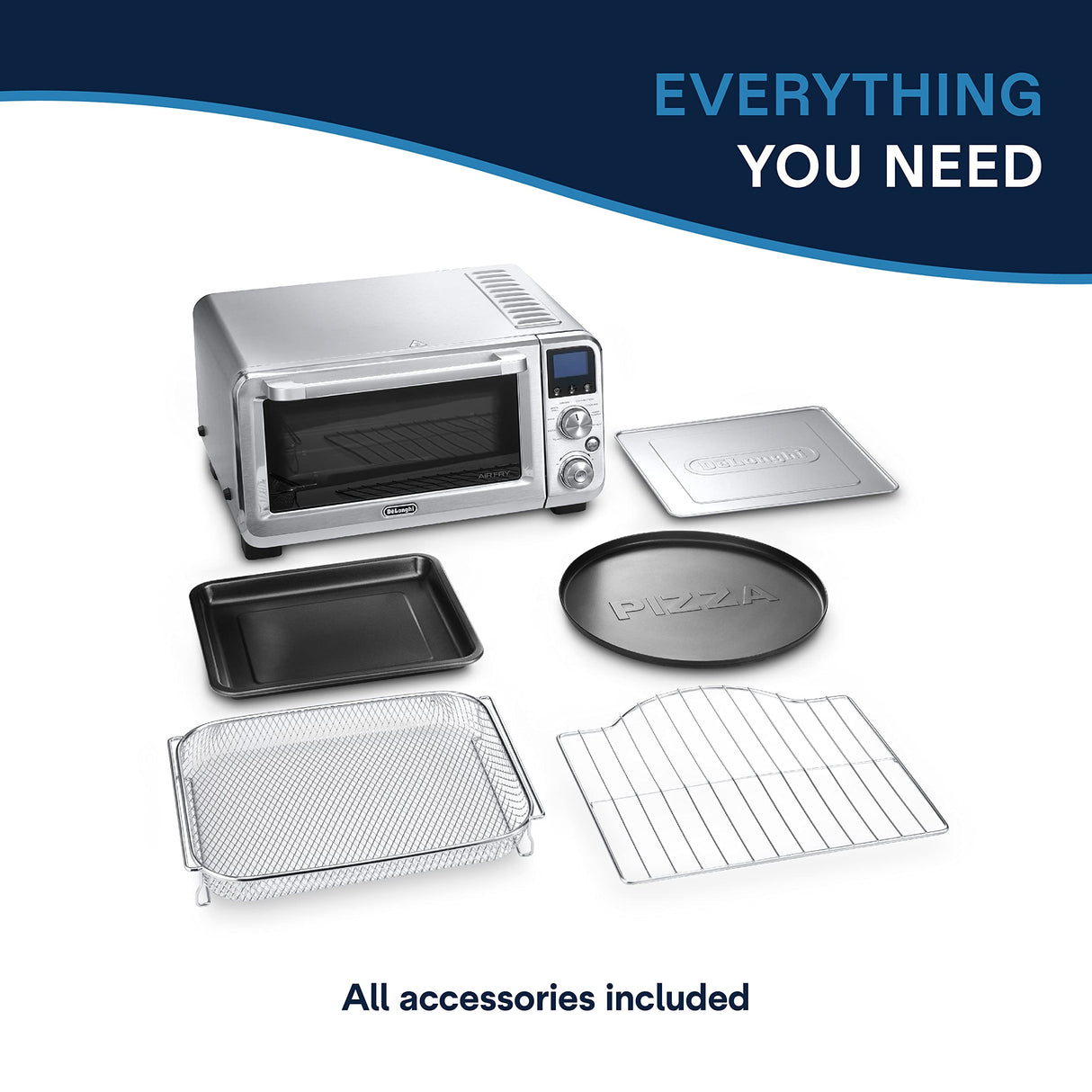 De'Longhi Air Fry Oven, Premium 9-in-1 Digital Air Fry Convection Toaster Oven, Grills, Broils, Bakes, Roasts, Keep Warm, Reheats, 1800-Watts + Cooking Accessories, Stainless Steel, 14L, EO141164M De'Longhi