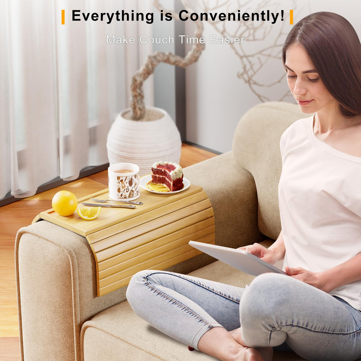 Bestjing Bamboo Sofa Armrest Tray Table for Couch - 2-in-1 Couch Arm Table Tray with Be Slide Detachable Tray - Anti-Slip Foldable Armchair Table Tray for Drinks Cup Cellphone Remote Snacks (Bamboo) Bestjing