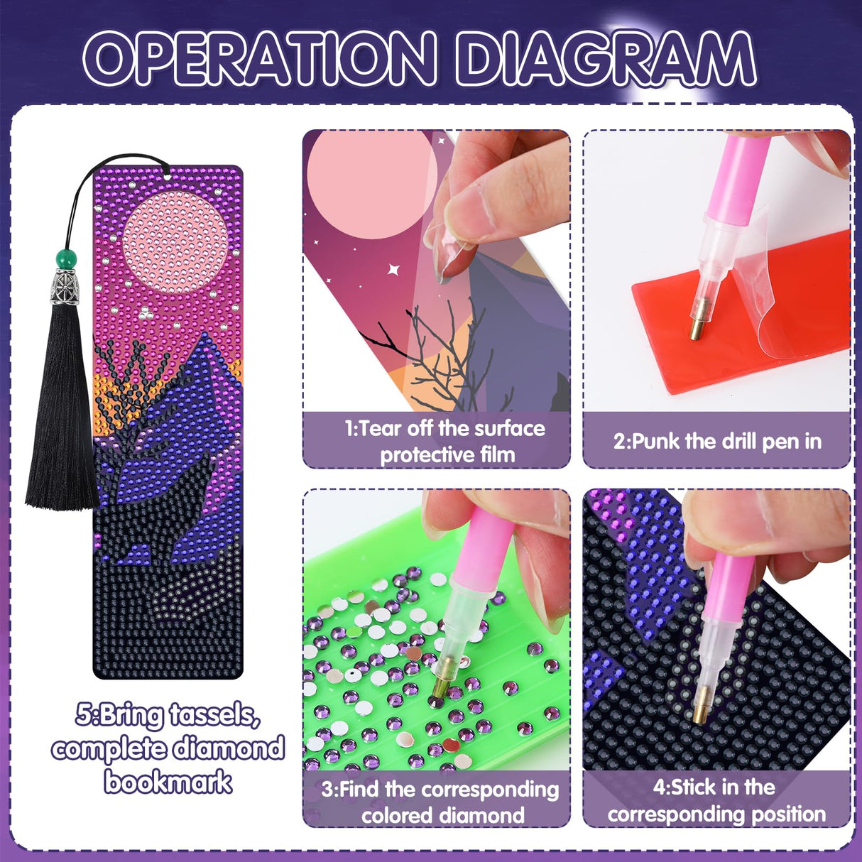 Wolf Diamond Art Bookmarks - 6 Pcs Wild Animal Diamond Painting Bookmarks, Wolf Theme 3D DIY Gem Art Rhinestone Crafts Kit for Adult Sitsink