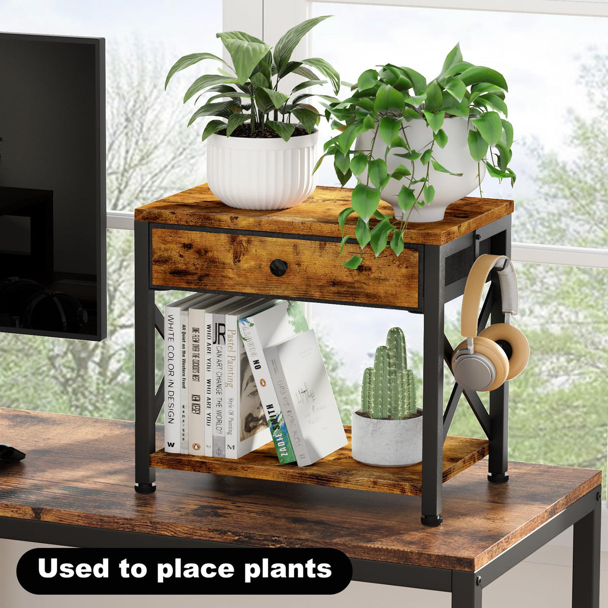 EasyCom 2-Tier Desktop Printer Stand with Large Drawer, Under Desk Printer Table with Wheels, Small Printer Shelf with Storage for Paper Storage Printer Scanner Fax Home Office Use Rustic Brown EasyCom