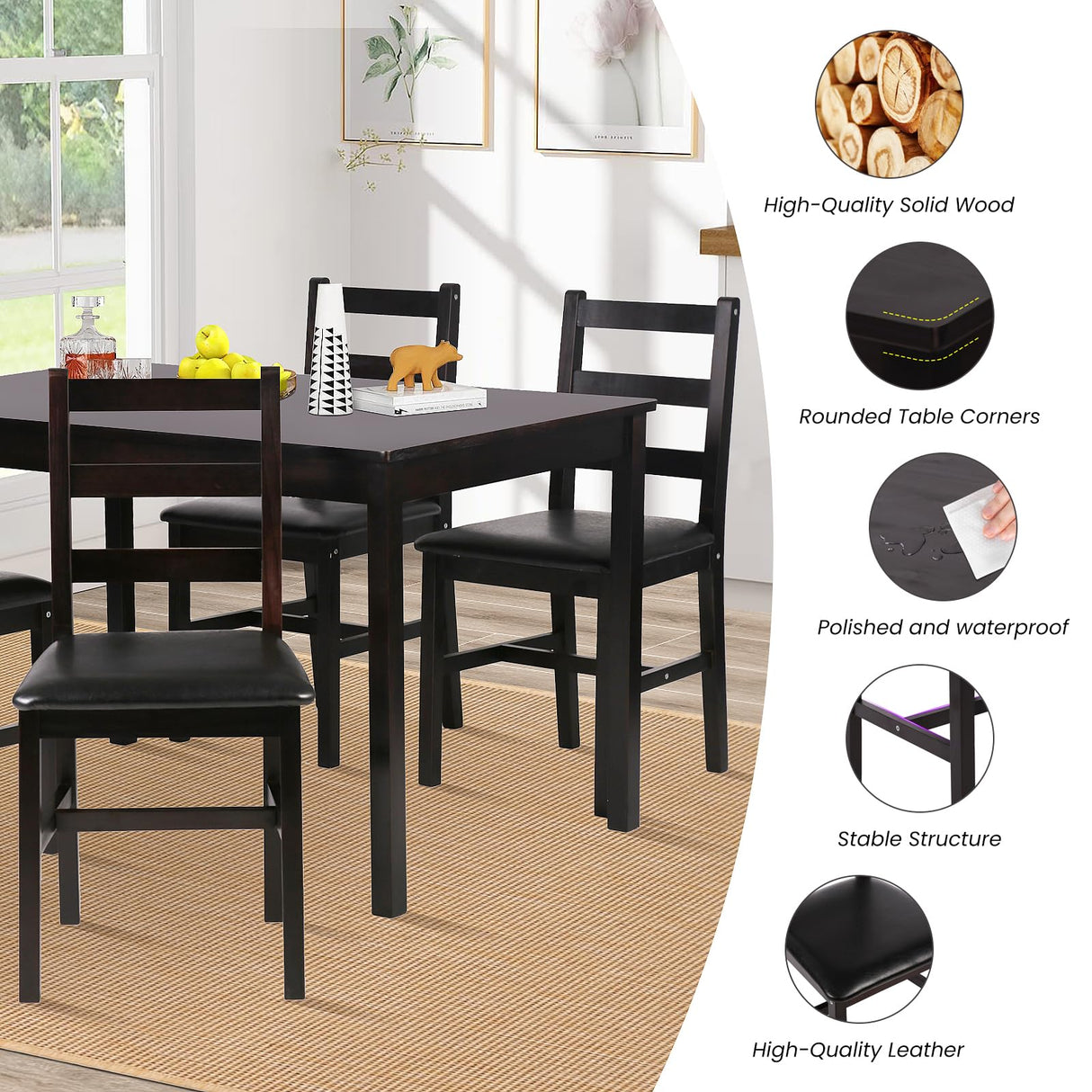 Kitchen Table Set 5 Piece Dining Table Set Sturdy Wooden Square Table and Chair Breakfast Table Set for 4 Person, Small Dining Room Table Set for Restaurant Home Kitchen Living Room, Brown Pazidom