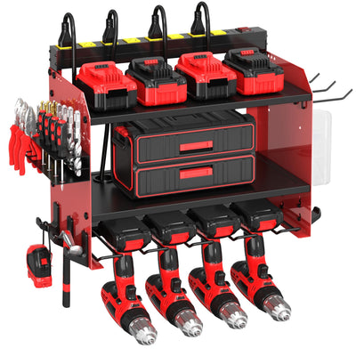 CFMASTER Power Tool Organizer Wall Mount wtih Charging Station,4 Drill Holder Wall Mount with 8 Outlet Power Strip,3 Layers Heavy Duty Tool Rack with Hooks,Screwdriver Organizer in Workbench,Garage