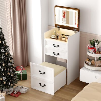 ChicFurnit Makeup Vanity,3-in-1 Vanity Desk with Flip-Top Mirror,Hidden Stool & Visible Glass Desktop,Convertible Vanity Set with USB Charging Station,Open Shelf & 3-Color Lighting,White&Brown