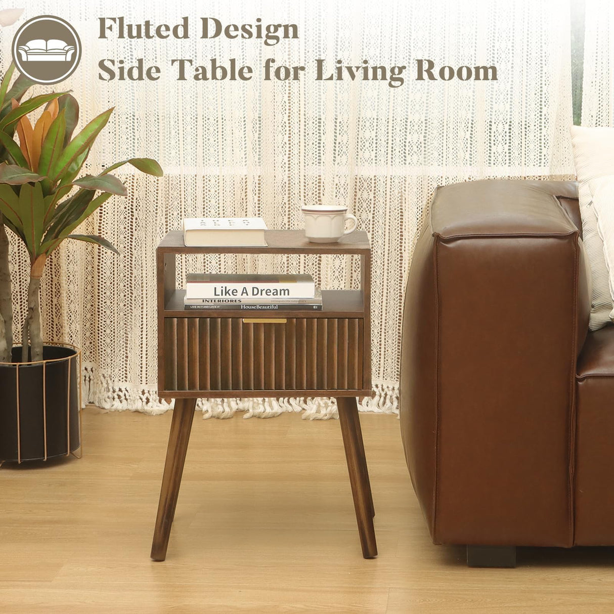 Fultyle Walnut Nightstand, Wooden Bedside Table with Fluted Drawers and Open Shelf, Night Stand Wood for Bedroom, Living Room and Small Space (Rustic Brown) Fultyle