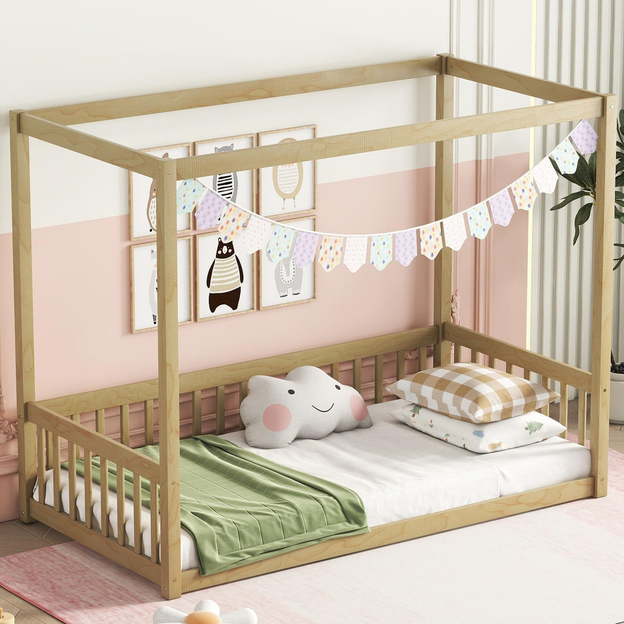 Bellemave Twin Natural Wood Canopy Bed Frame with Safety Guardrails for Kids Bellemave