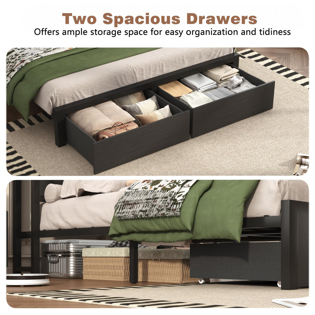 Incyneva Farmhouse King Bed Frame with Bookcase Storage Headboard, Charging Station, LED Light and 2 Storage Drawers, Noise Free, No Box Spring Needed, Black Incyneva