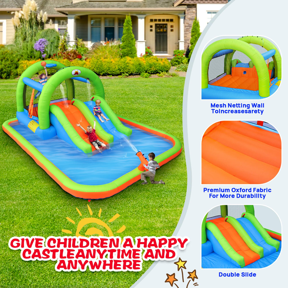 WELLFUNTIME Inflatable Water Park with Blower, and Bouncy House with Double Slide with Water Cannon and Basketball Ring WELLFUNTIME