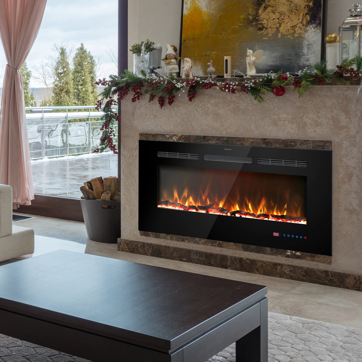 Kentsky 45 inches Electric Fireplace Inserts, Recessed and Wall Mounted Fireplace Heater, Linear Fireplace w/Thermostat, Remote & Touch Screen, Multicolor Flame, Timer, Log & Crystal, 750W/1500W Kentsky