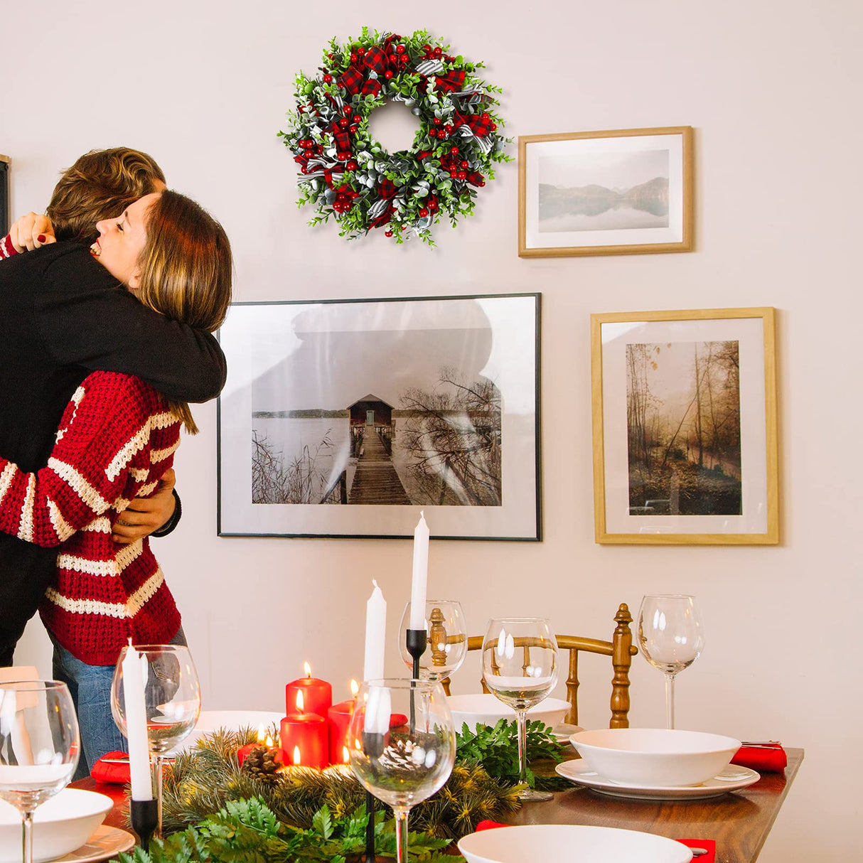 MTSCE Christmas Wreath, Front Door Decoration Wreath Winter Garland Artificial Wreath for House Party Outdoor Indoor Red Black Plaid Wreath-18 Inch MTSCE