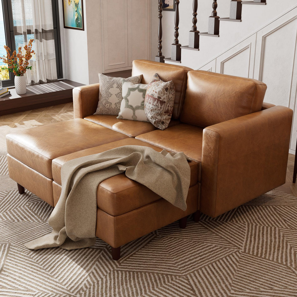 ABCASA Faux Leather Loveseat Sofa Sleeper Bed with Storage Seat, 64.6" Modular Sectional Couch Deep Seat with Reversible Chaise 2-Seat Brown ABCASA