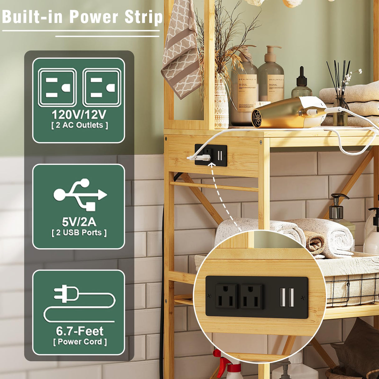Trironsun Bamboo Bakers Rack with Charging Station 5-Tier Microwave Stand with Open Storage Shelves with 10 S-Shaped Hooks Coffee Bar Table Kitchen Utility Storage Shelf (Nature) Trironsun