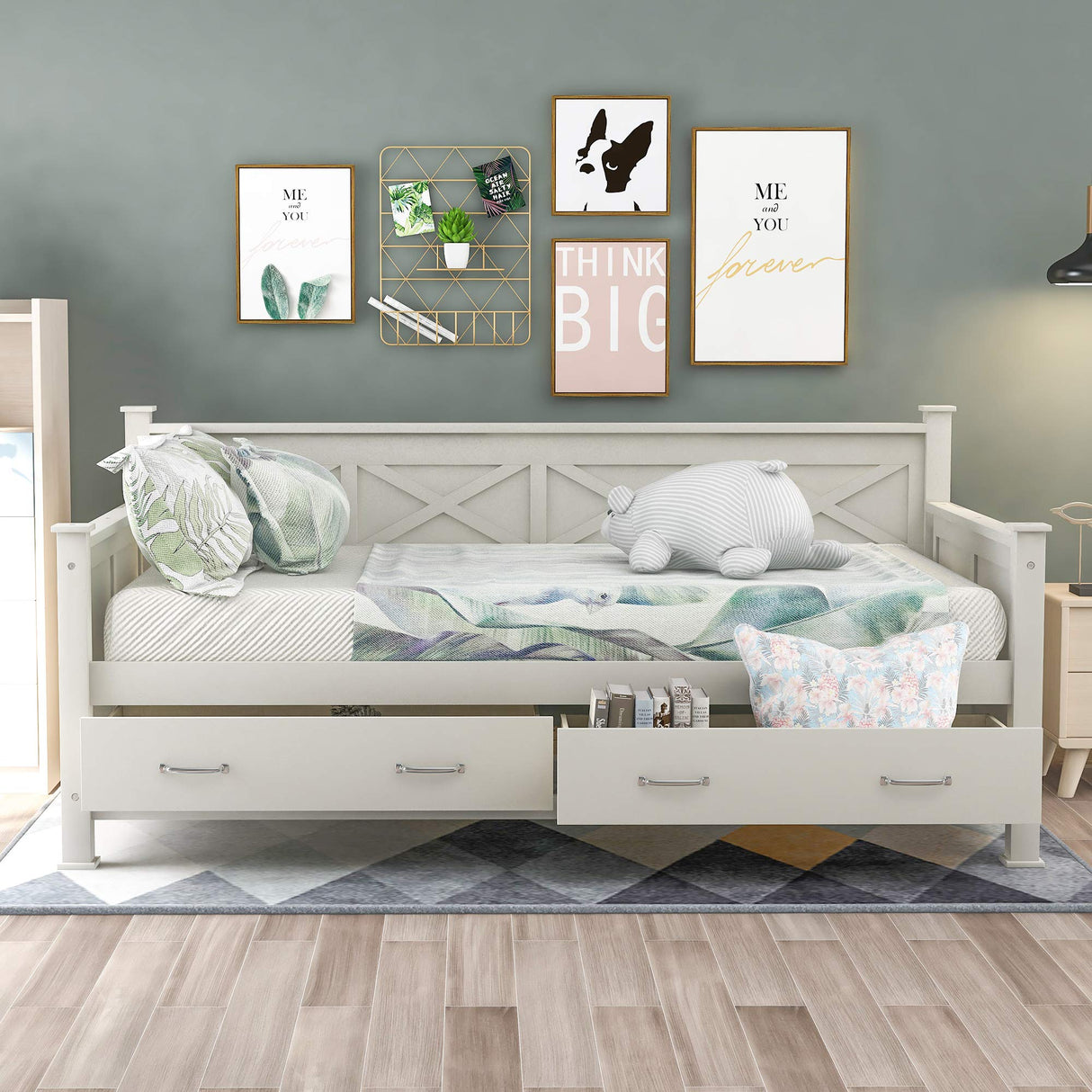 Twin Size Farmhouse Wood Daybed with 2 Storage Drawers, X-Shaped Sturdy Modern and Rustic Casual Style Corner Bed Day Bed Frame with Drawers for Bedroom, No Box Spring Required (Cream White+Twin) THINK 30