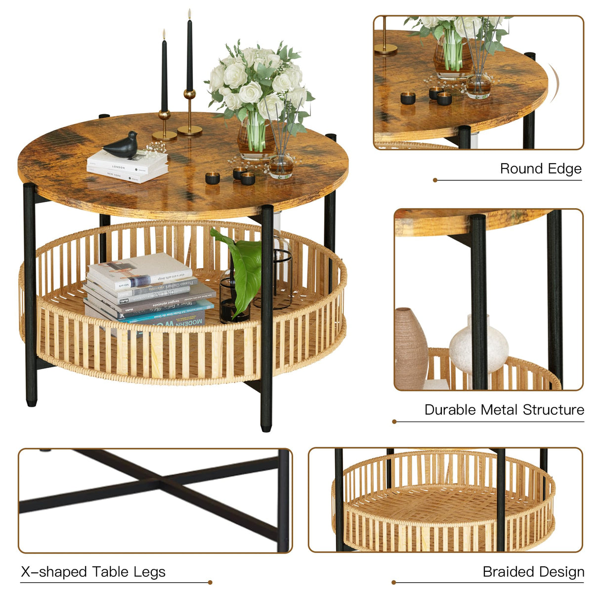Lamerge 3 Pieces Coffee Table Set for Living Room, Boho Living Room Table Set with Rattan Storage Shelf and Metal Frame, Round Coffee Table & 2 End Side Tables for Apartment Home Office