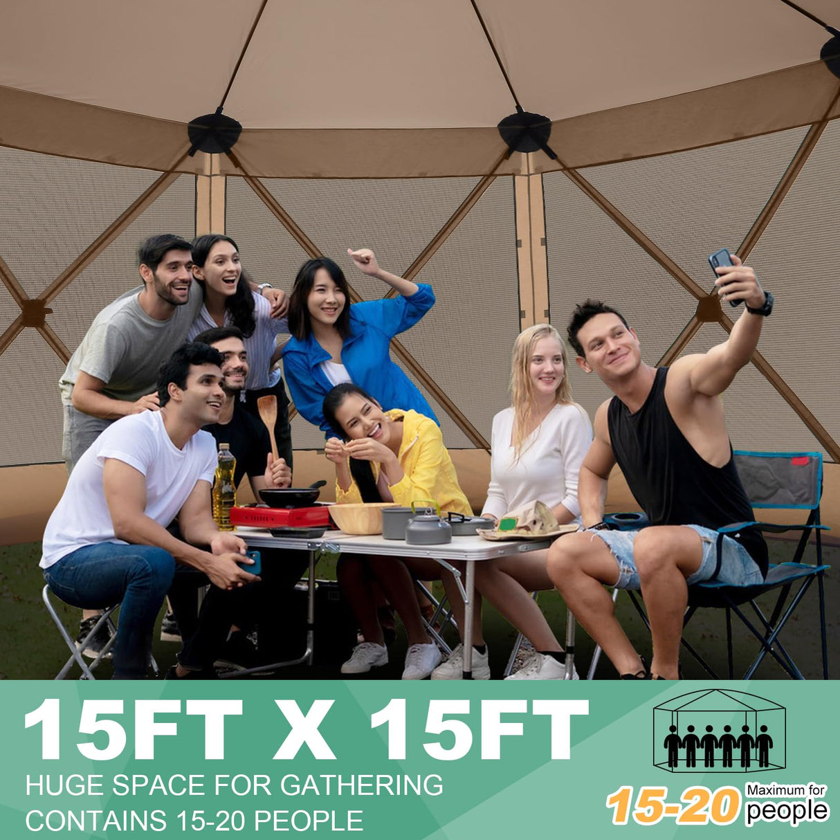 COBIZI 15x15ft Extra Large Pop-Up Gazebo Canopy Tent with Mosquito Netting, Spacious Easy Set-Up Screened Shelter, Durable Outdoor Pavilion with Ground Stakes, Perfect for Patio, Backyard, and Lawn COBIZI