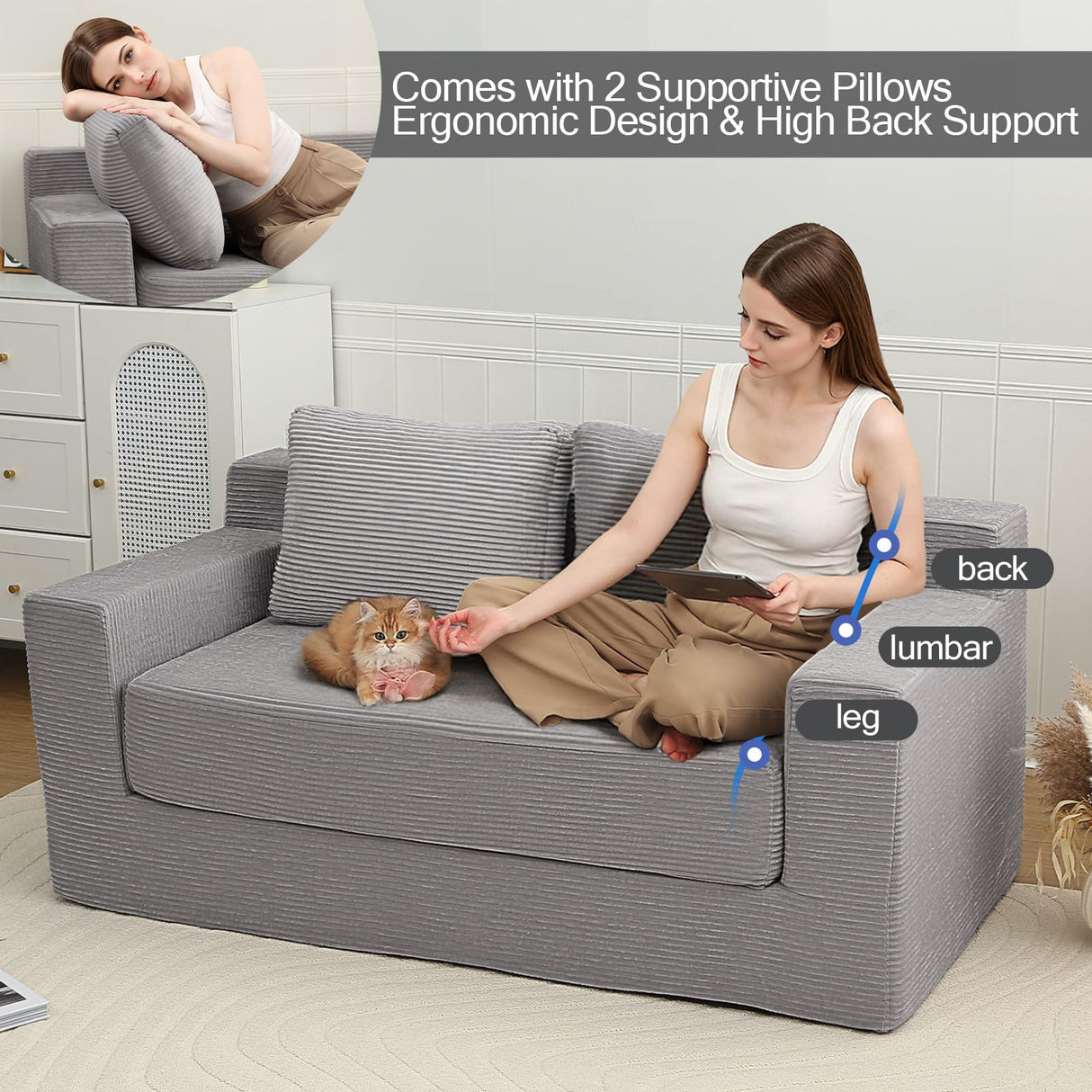 MeMoreCool Sleeper Sofa Bed, Small Couch Futon Bed with Pillows, Convertible Loveseat Boneless Sofa, Folding Floor Foam Couch for Bedroom, Foldable Comfy Lounge Compressed in A Box No Assembly MeMoreCool