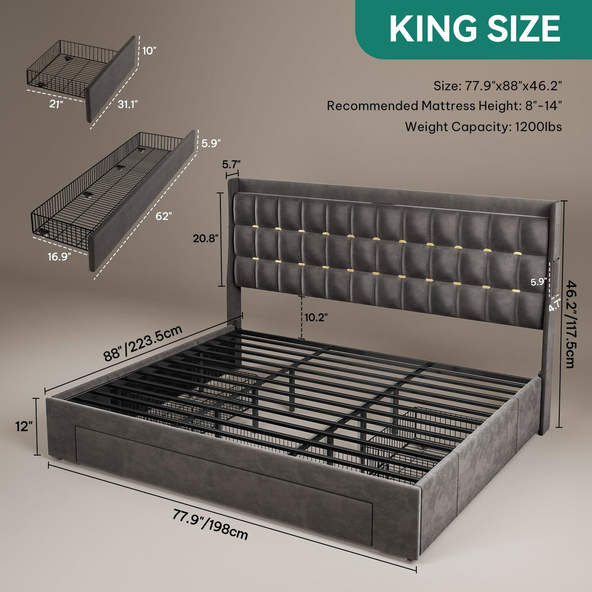 YITAHOME King Size Bed Frame with 3 Storage Drawers and RGB LED Lights, Velvet Upholstered Bed with Charging Station and Storage Headboard, No Box Spring Needed, Easy Assembly, Noise-Free, Grey YITAHOME