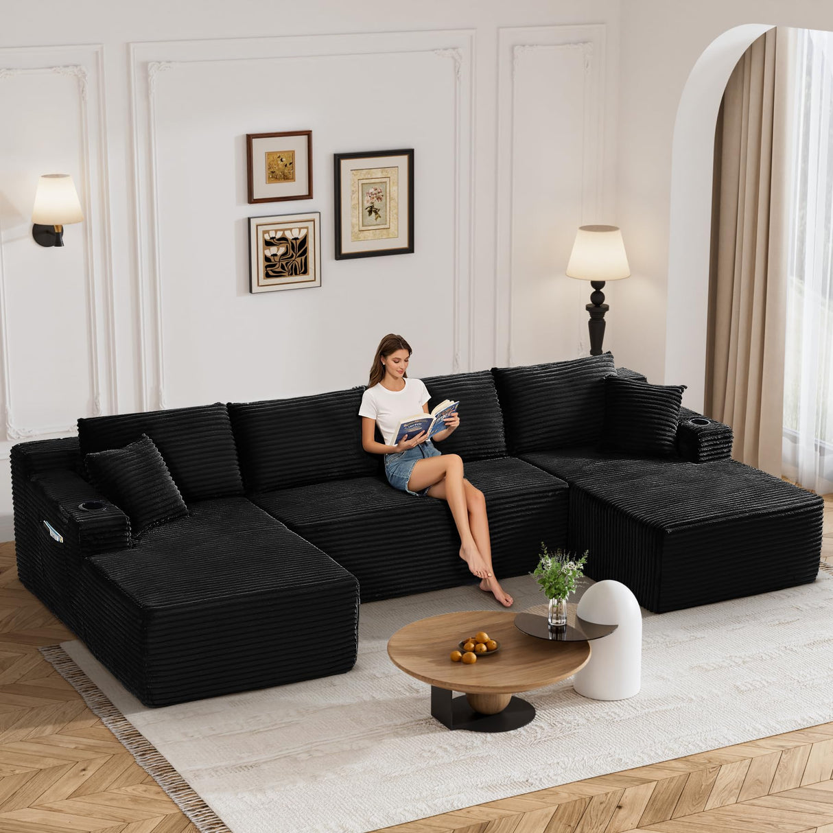 133" Oversized Cloud Boneless Sofa Couch with Chaise, Modern Corduroy U Shaped Modular Sectional Sofa with Deep Seat, Comfy Couch with Cupholders and Storage, No Assembly Required-Black VYNELITO
