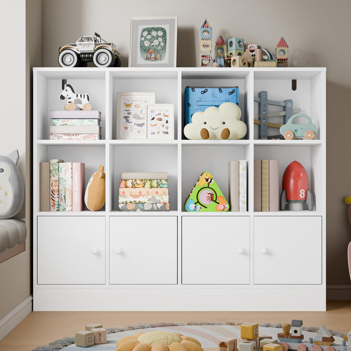 Cozy Castle White Wood Bookcase,12 Cube Storage Organizer Bookshelf with 4 Doors,3 Tier Storage Cabinet with Adjustable Shelves for Bedroom, Living Room, Office Cozy Castle