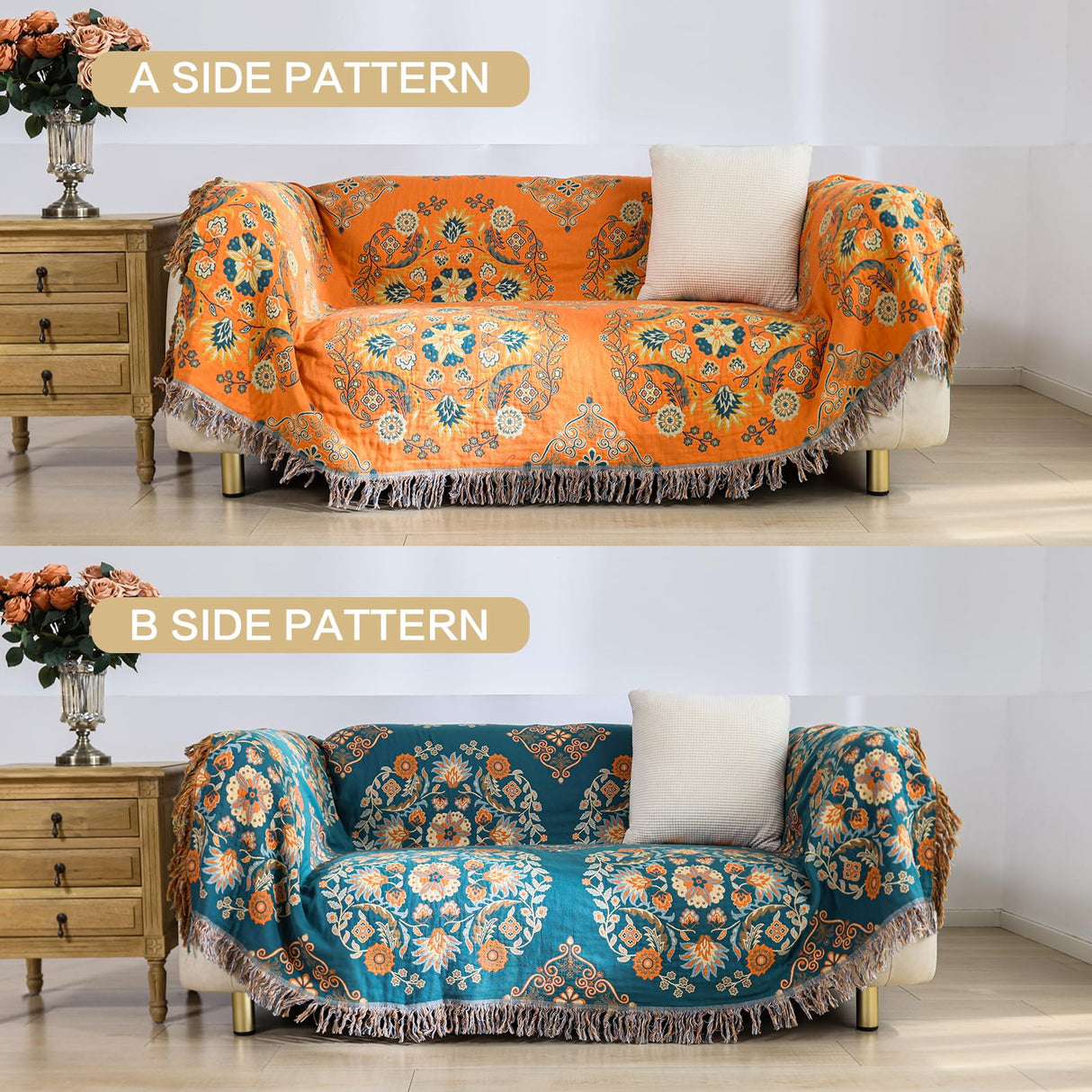 VANJOROY Boho Large Throw Blanket, 100% Cotton Breathable Soft Bed Throw - Floral Farmhouse Decor Blanket for Sofa Couch Chair and Gift. 60" x 80"- Orange VANJOROY