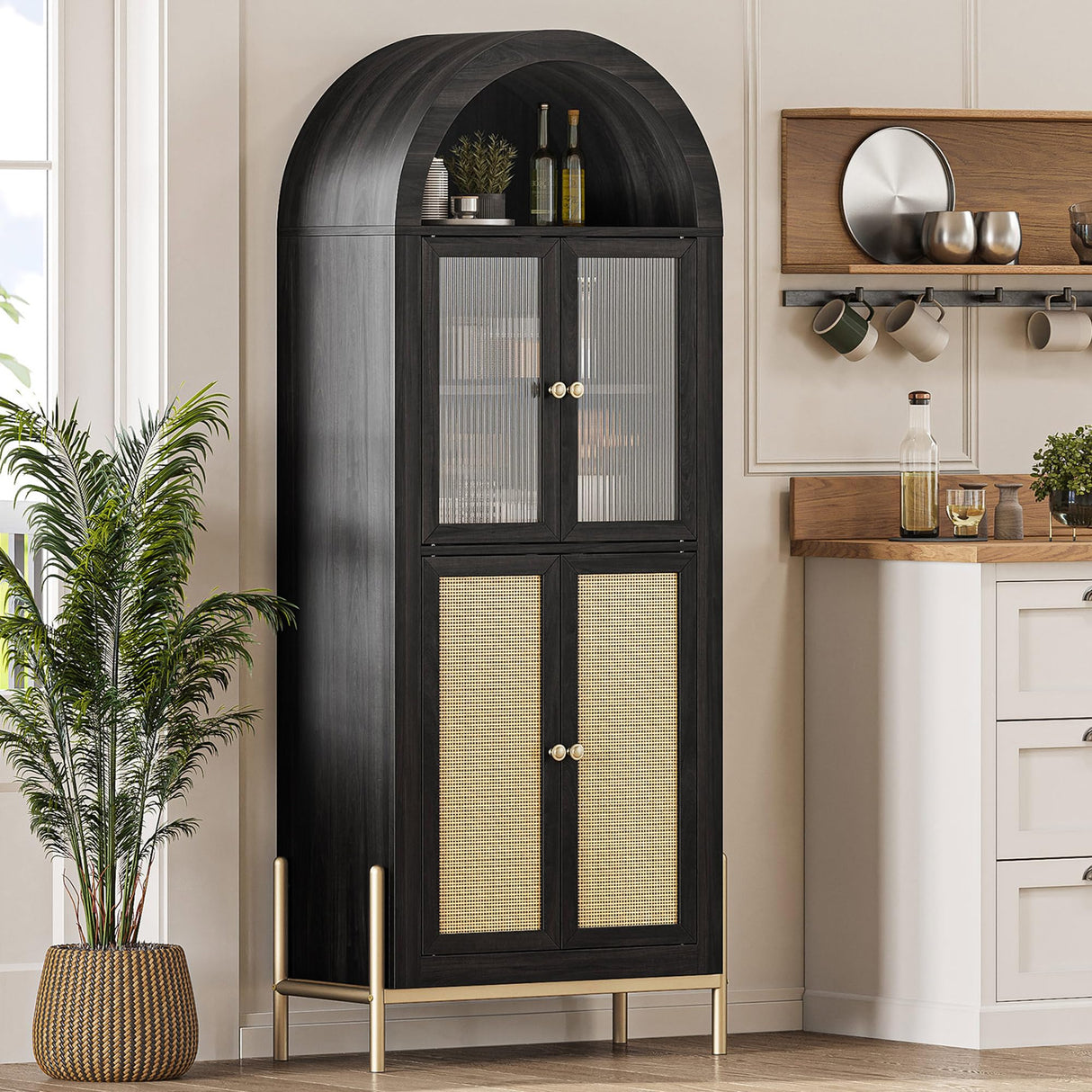 BELLEZE Modern Arched Kitchen Pantry, 5-Tier Wood Decorative Storage Cabinet with Reeded Glass Door and Adjustable Shelves, Freestanding Accent Display Cabinet for Home Living Room, Black BELLEZE