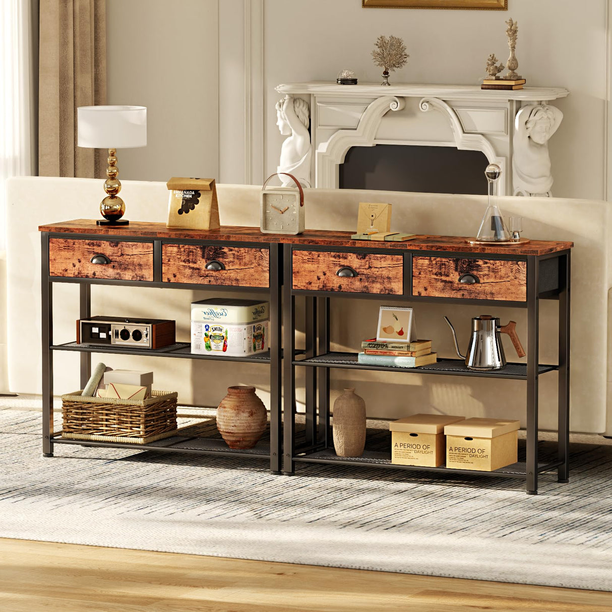 Furologee Console Sofa Table with Storage Shelf, Small 30'' Entryway Table with 2 Fabric Drawers, Industrial Table for Entry Way, Display Shelf for Hallway, Entrance, Foyer, Rustic Brown Furologee