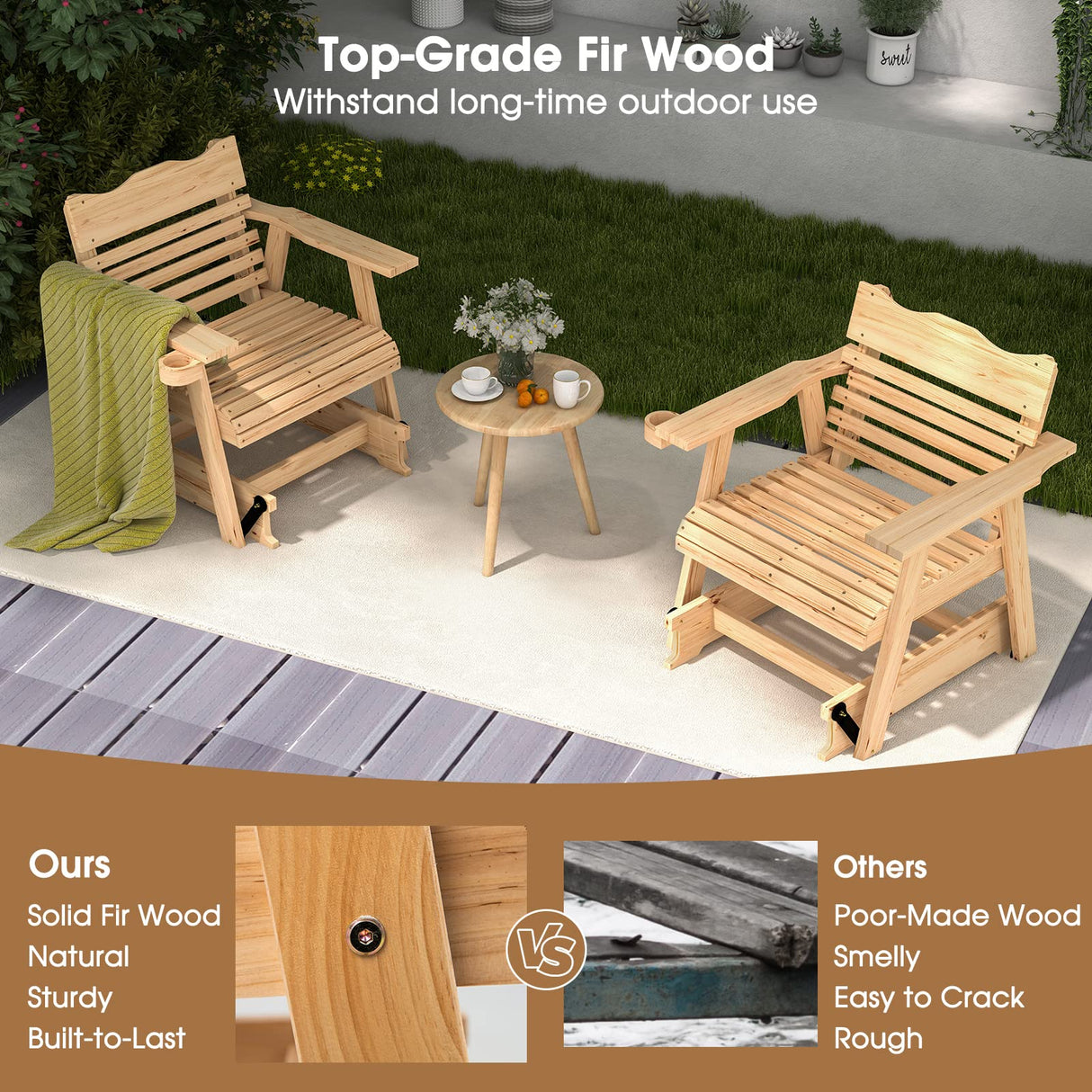 HAPPYGRILL Wood Patio Rocking Glider Chair, Outdoor Glider Chair with Hidden Cup Holder, Ergonomic Fir Wood Rocker for Front Porch Backyard Balcony HAPPYGRILL