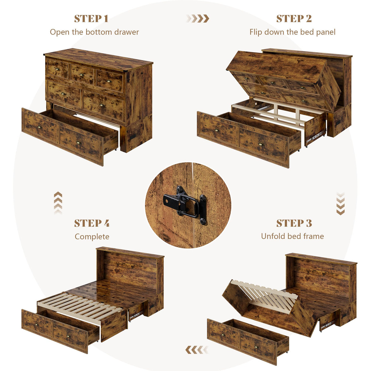 AMERLIFE Queen Size Murphy Bed, Farmhouse Wooden Cabinet with Charging Station and Storage Drawer for Bedroom/Office/Guest Room, Rustic Brown AMERLIFE