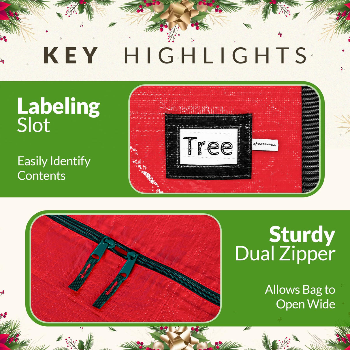 (Not Made In China) Christmas Tree Storage Bag For 9 Foot Artificial Xmas Holiday Tree, Durable Waterproof Material, Zippered Bag, Carry Handles. Protects Against Dust, Insects and Moisture Carrywell