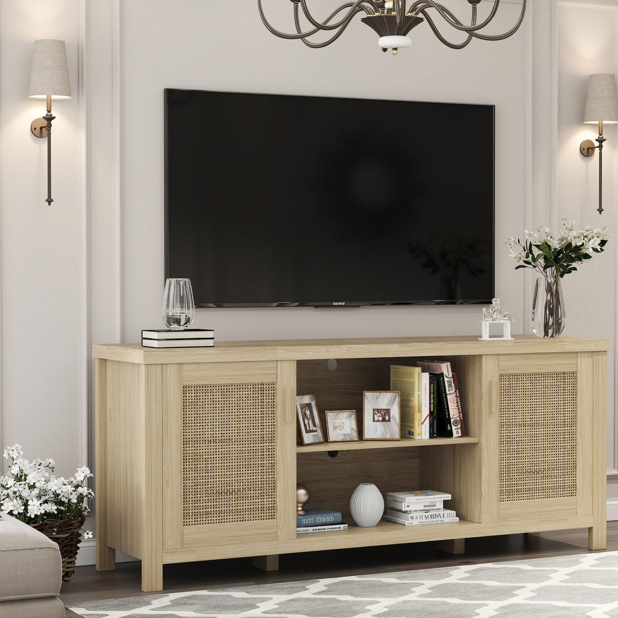 TV Stand for 65 inch TV, Modern Mid Century Entertainment Center with Storage, Media Consol with Natural wood rattan Door Cabinets and Open Shelves, Wooden, for Living Room, Bedroom, MLTV21YR MMEOLUOOK