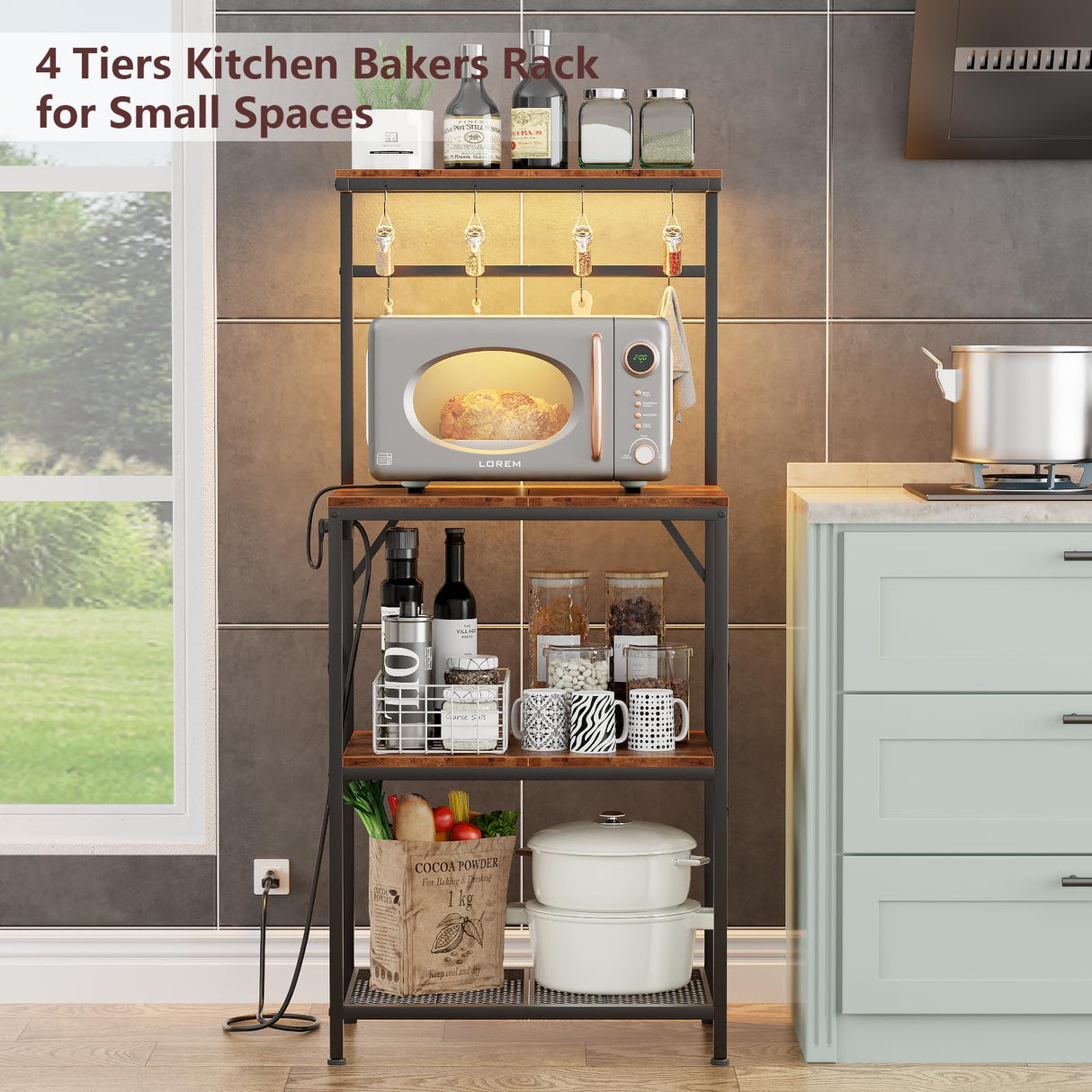 Kitchen Bakers Rack with Power Outlet & LED Lights, Small Coffee Bar Table with Adjustable Storage Shelf, 4 Tiers Microwave Stand with 8 Hooks, Coffee Station for Appliance Organizer, Rustic Brown Korfile