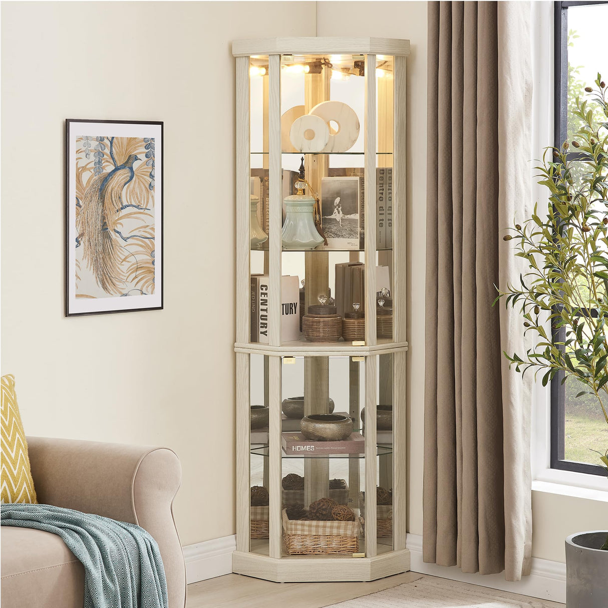nifoti 69" H Lighted Curio Cabinet Corner Display Case,Corner Glass Cabinet with Tempered Glass Door and Adjustable Shelves,Wooden Corner Curio Cabinet with Mirrored Back Pane(Style 1 - Antique White) nifoti